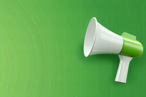 3D rendering of white megaphone on the right side with green background photo