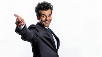 Engaging businessman with warm smile and inviting gesture. Professional interaction. photo