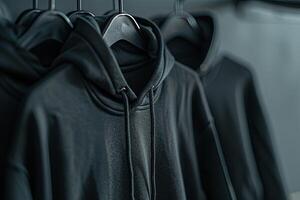 Clean Background Black Hoodie on Hanger Professional Shot photo