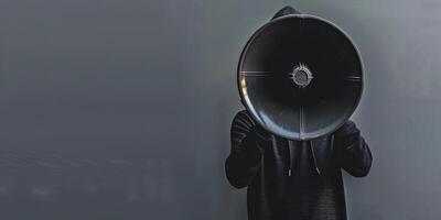 Individual holding megaphone on grey background for social media marketing representation photo