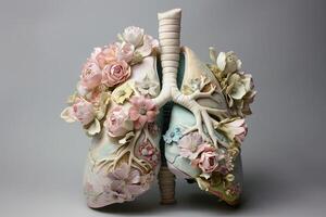 Artistic rendition of anatomical lung in pastel clay sculpture with delicate flower details. Creative expression concept. photo