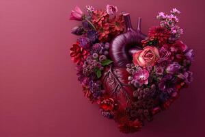 Anatomical heart made of burgundy flowers on dark pink background. Art concept illustration. photo
