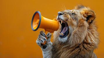Yellow background with roaring lion holding a yellow megaphone. Web banner concept photo