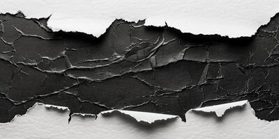 Flat lay composition of torn black paper on clean white background. Ripped banner design photo