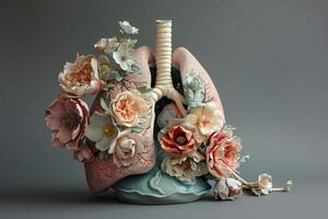 Pastel clay sculpture showcasing anatomical lung with intricate flower accents. Artistic expression concept. photo
