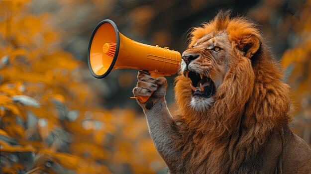 Lion with yellow megaphone roaring on yellow background. Web banner illustration photo