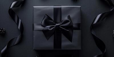 Minimal concept of black gift box with ribbon on dark background. Luxury packaging photo