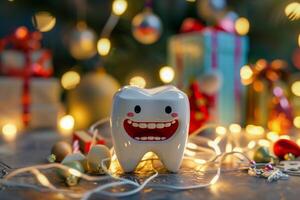 A 3D tooth stands on a table surrounded by Christmas decorations and smiles photo