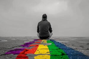 Man sitting on the beach with a rainbow pattern on the sand photo