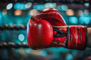 Red boxing glove, boxing ring in the background photo