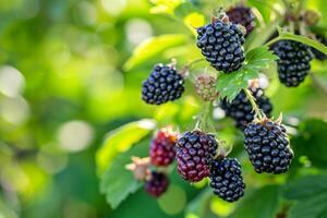 Branch with ripe blackberries under the sun photo