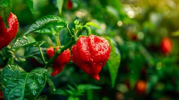 A red carolina pepper plant with water drops on it photo