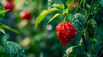 A red carolina reaper pepper plant with green leaves in the background photo