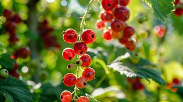 Many red currants berries hanging from a tree in the sun photo