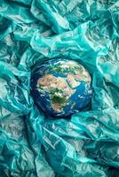 A close up of a blue plastic bag with a planet in it photo