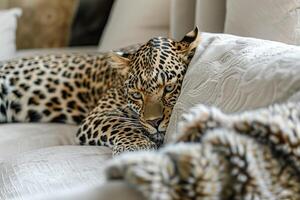 A leopard laying on a bed with a blanket photo