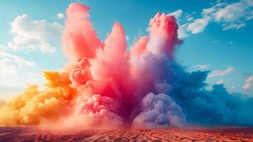 Pink and blue smoke cloud dispersing in the air photo