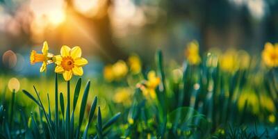 A close up of a yellow narcissus flower in a field of grass photo