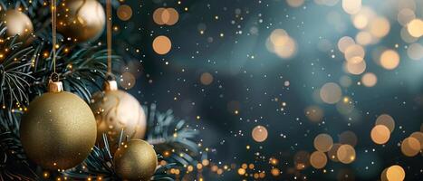Christmas ornaments dangle from tree with glowing lights, wide format banner photo