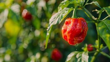 A red hot carolina pepper plant with water drops photo