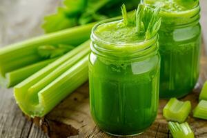 Two jars of celery juice with celery stalks photo