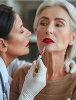 Woman receiving a lip injection procedure from a doctor photo
