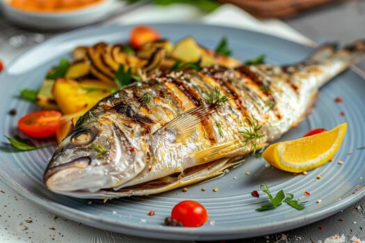 A fish on a plate with assorted vegetables photo