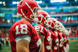 Football players in red uniforms standing on the field photo
