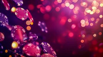 A close up of a bunch of casino chips on a table, banner photo