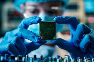 Man in blue gloves holding microchip in front of circuit board photo