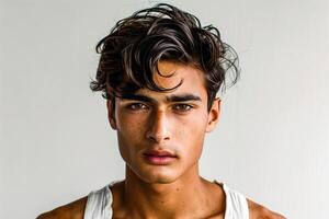 Man with a messy haircut and a white tank top photo