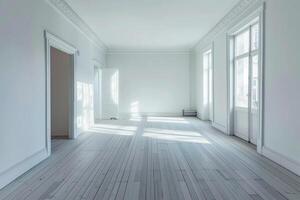 A room with white walls and wooden floors photo
