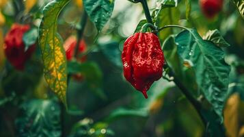 A red chili plant with green leaves and water droplets photo