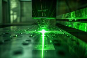 A close up of a laser machine with a green laser light photo