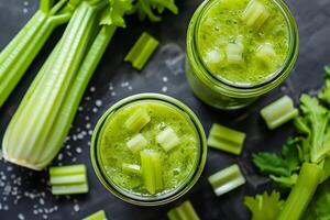 Two glasses of celery juice with celery stalks photo