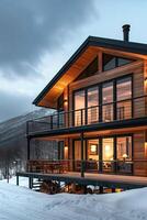 House with a balcony and a deck covered in snow photo