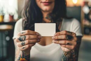 Woman holding a blank card in her hands photo