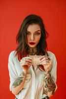 Woman with tattoos holding empty card in front of her face photo