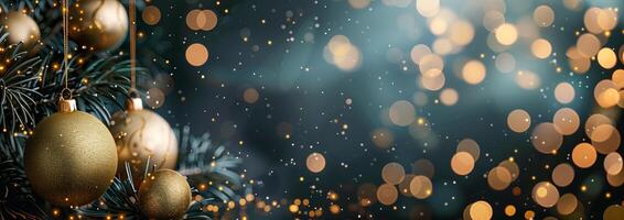 Close up of christmas tree, gold ornaments photo