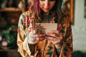 Woman with tattoos on her arms looking at a card photo