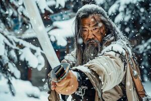 A man with long hair and beard holding a sword, snowtime photo
