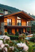 Large two-story house with balcony overlooking the garden photo