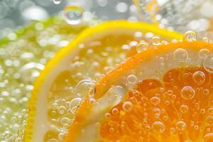 Close-up of orange slice with bubbles photo