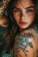 A close up of a woman with a tattoo on her arm photo