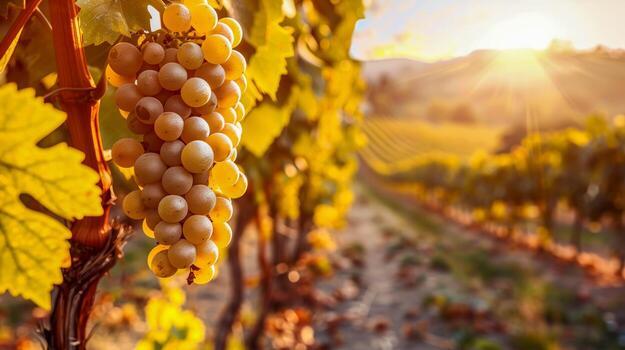 A close up of a bunch of grapes hanging from a vine photo