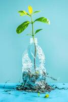 A plant in a plastic bottle with a plant growing out of it photo