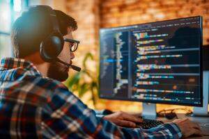 Programmer working at computer with program code on monitor photo
