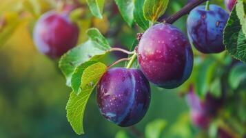 Plums ready for harvesting on the tree photo