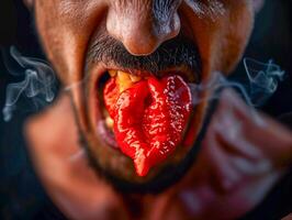 A man with a beard and mustache holding a red pepper in his mouth photo