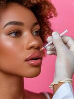 Doctor injecting woman's lips for enhancement photo